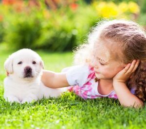 Child and puppy on a lush green lawn